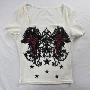 Women White Ribbed Gothic Graphic Square Neck Short Sleeve Top Size M Mall Y2K